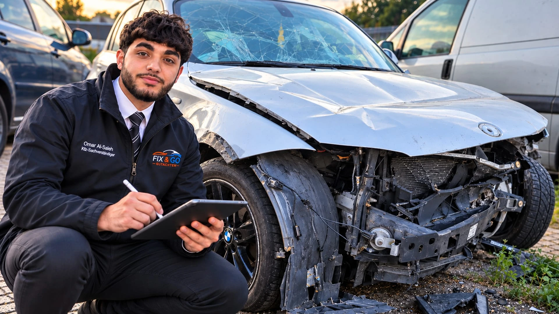 Omar Al-Saleh von Fix & Go Gutachten an einem Unfallfahrzeug